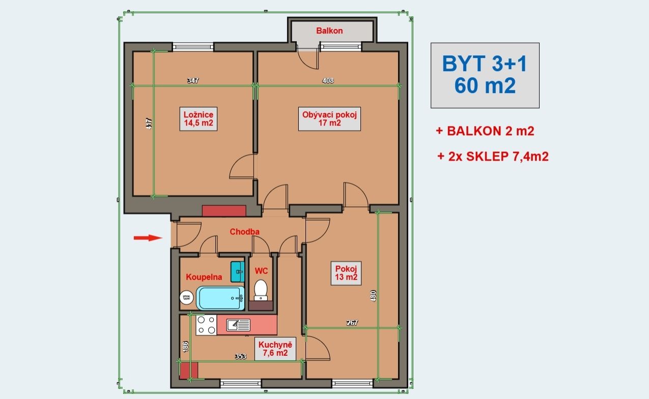 Byt 3+1/B (62m2) v Opočně, Dobrušská ul. - obrázek č.3